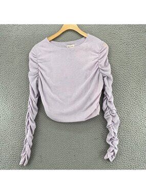 Aaron & Amber Top Womens Medium Periwinkle Long Ruched Sleeves Crop Boat Neck